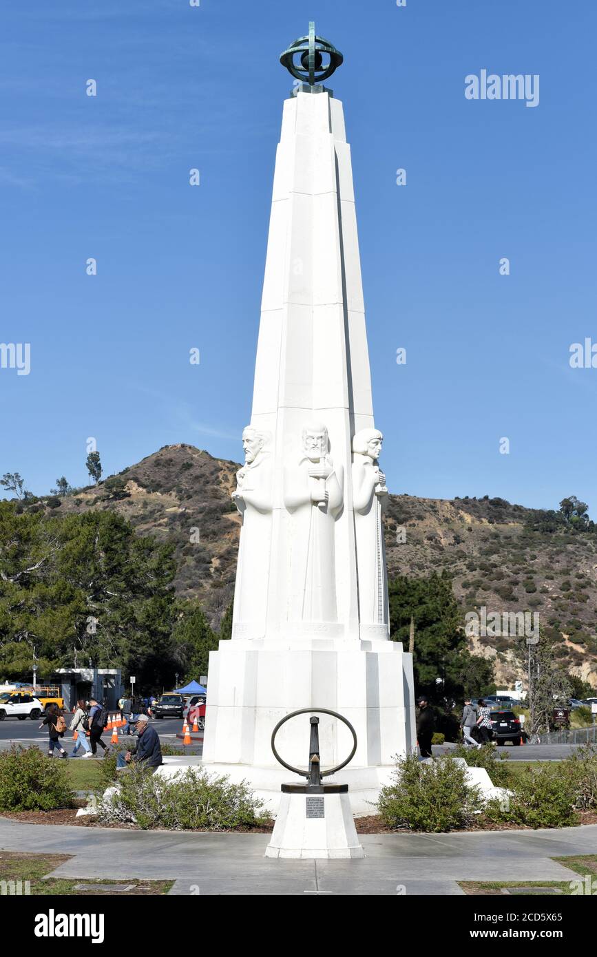 LOS ANGELES, CALIFORNIA - 12 FEB 2020: Astronomers Monument and sundial at the Griffith Park Observatory. Copernicus, Galileo, Kepler, Newton, Hersche Stock Photo