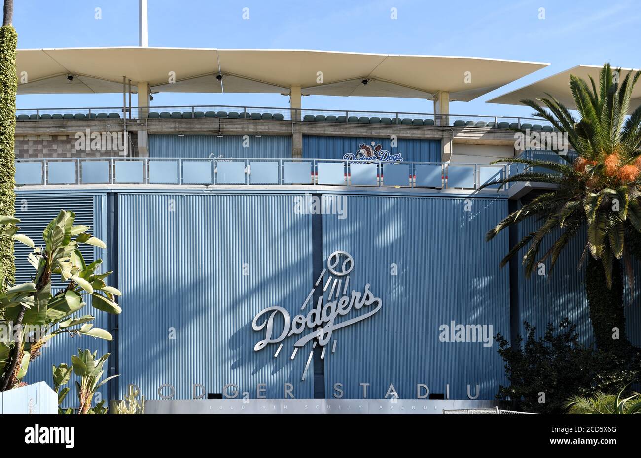 LOS ANGELES, CALIFORNIA - 12 FEB 2020: Closeup of the Dodgers logo sign at Vin Scully Entrance to the Stadium. Vin Scully, . Stock Photo