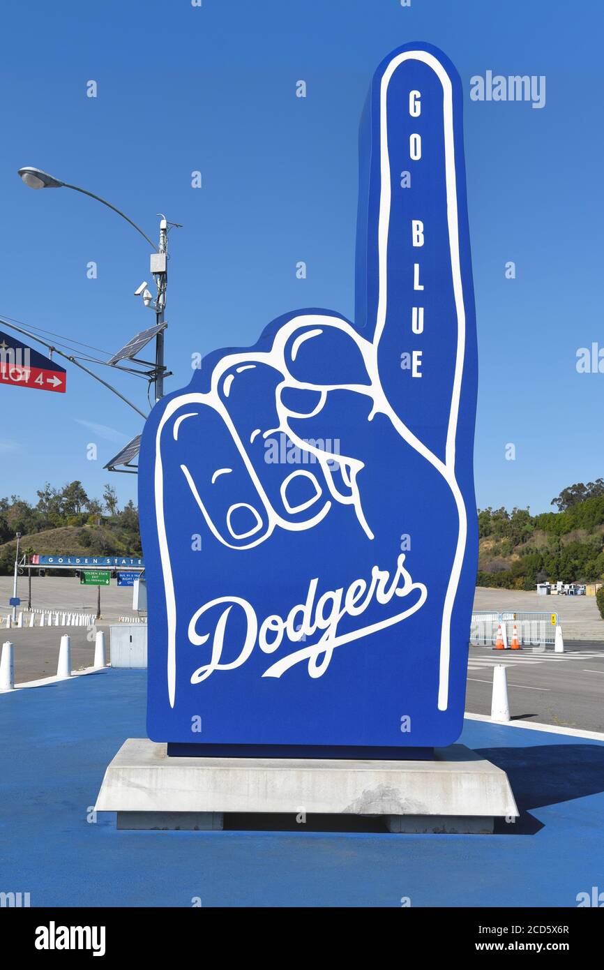 LOS ANGELES, CALIFORNIA - 12 FEB 2020: Closeup of a Number 1 hand figure with Go Blue at Dodger Stadium. Stock Photo