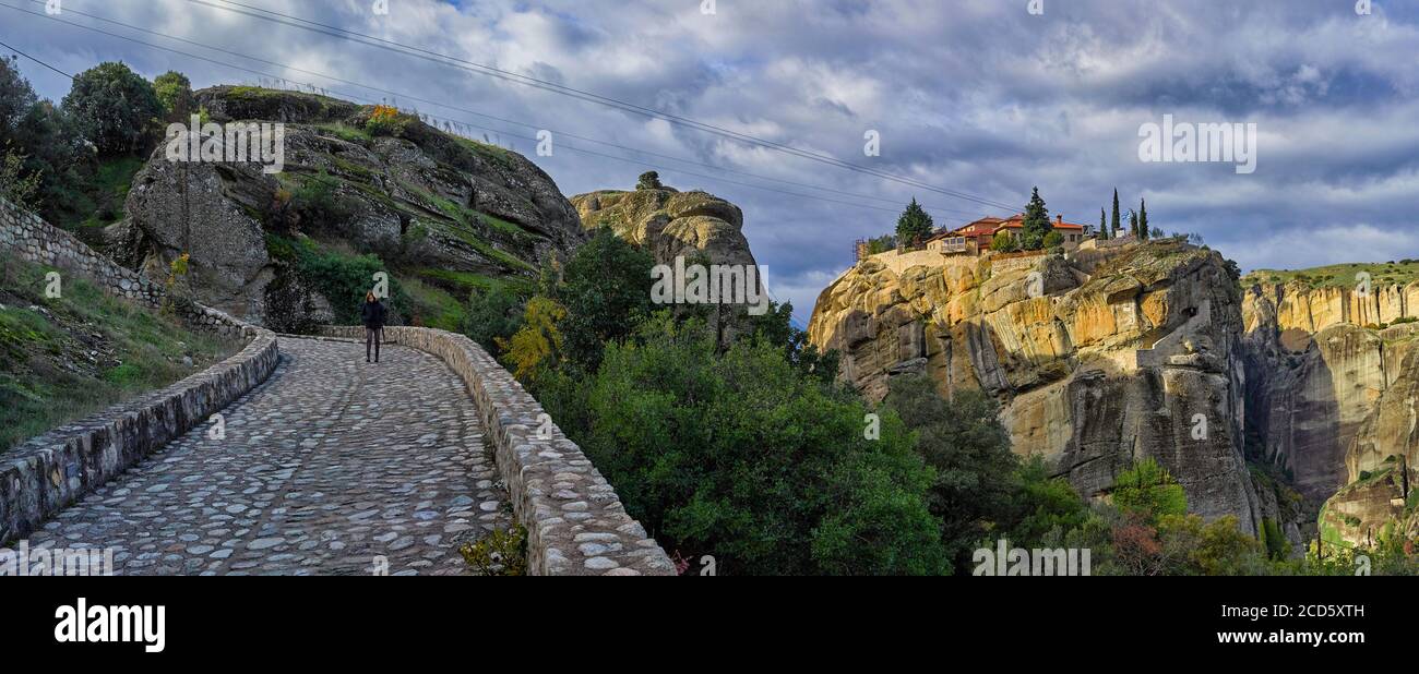 Panoramic view of Monastery of the Holy Trinity from pathway, Meteora, Kalambaka, Thessaly, Greece Stock Photo