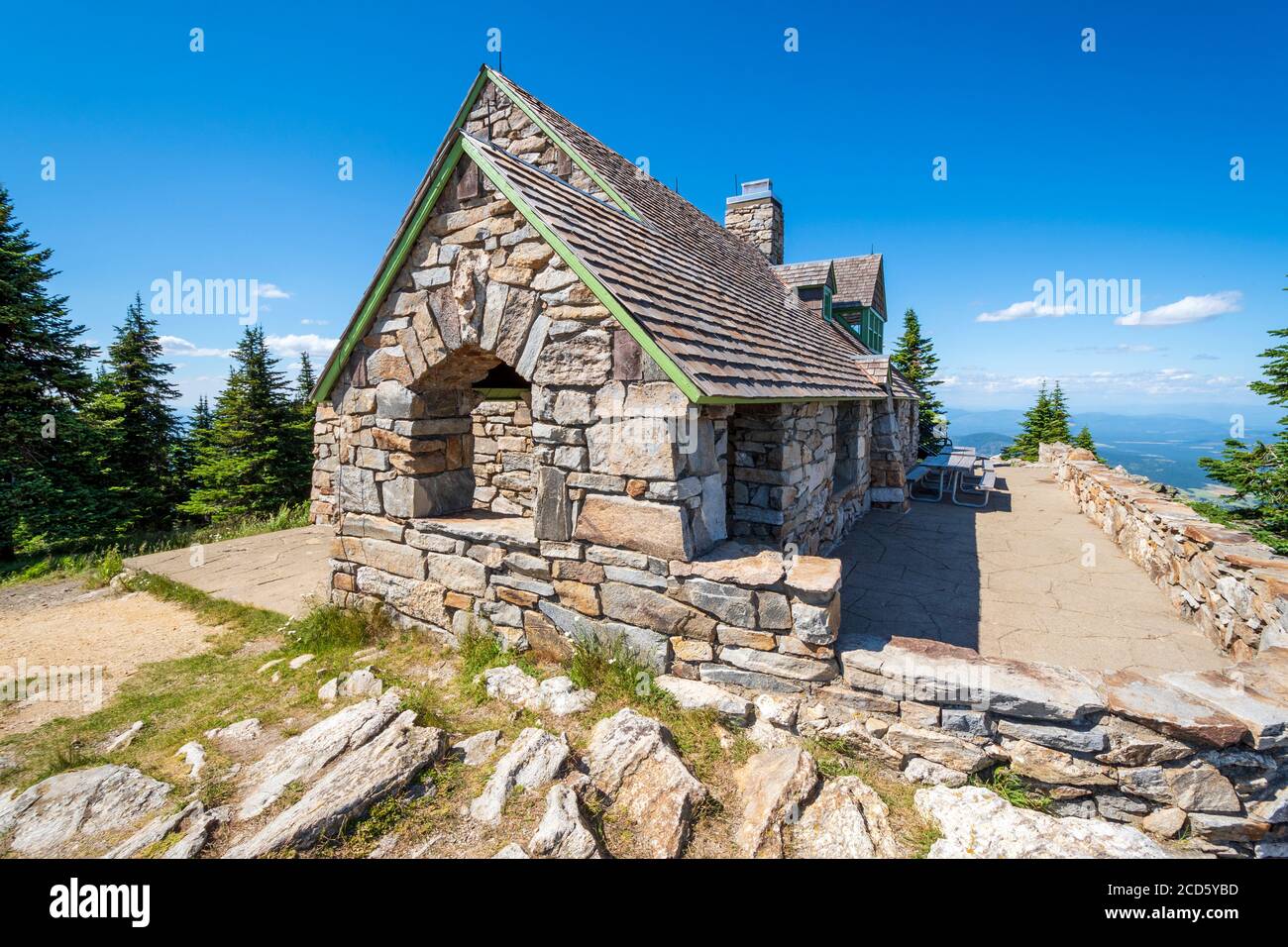 The stone built historic Vista House at the peak of Mt Spokane Park in