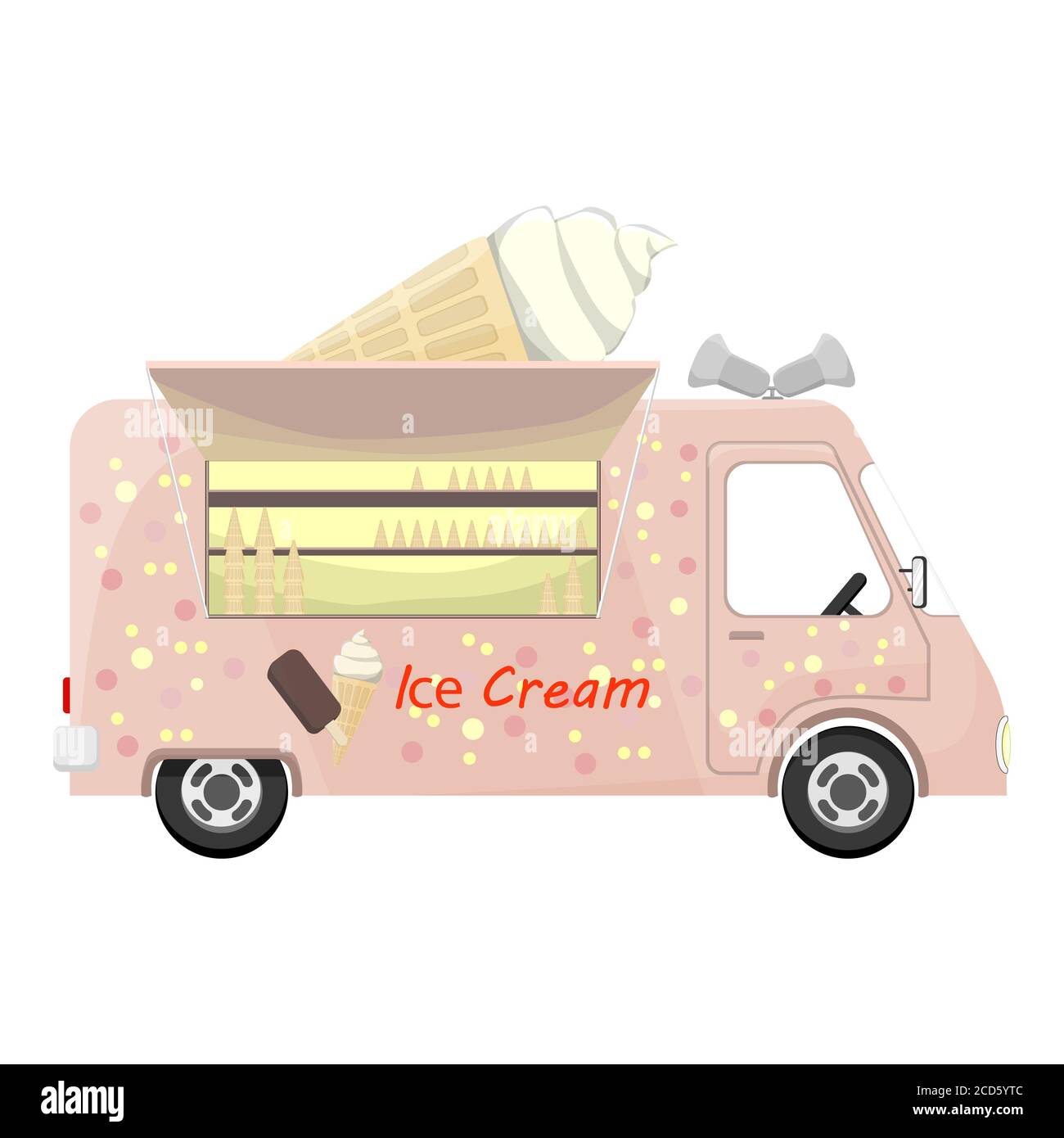 Ice cream bus in cartoon style isolated on white. The window is open