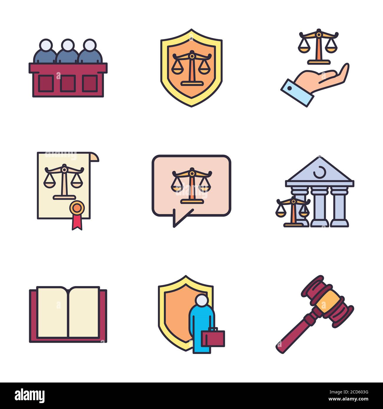 line and fill style icon set design, Human rights law and justice theme ...