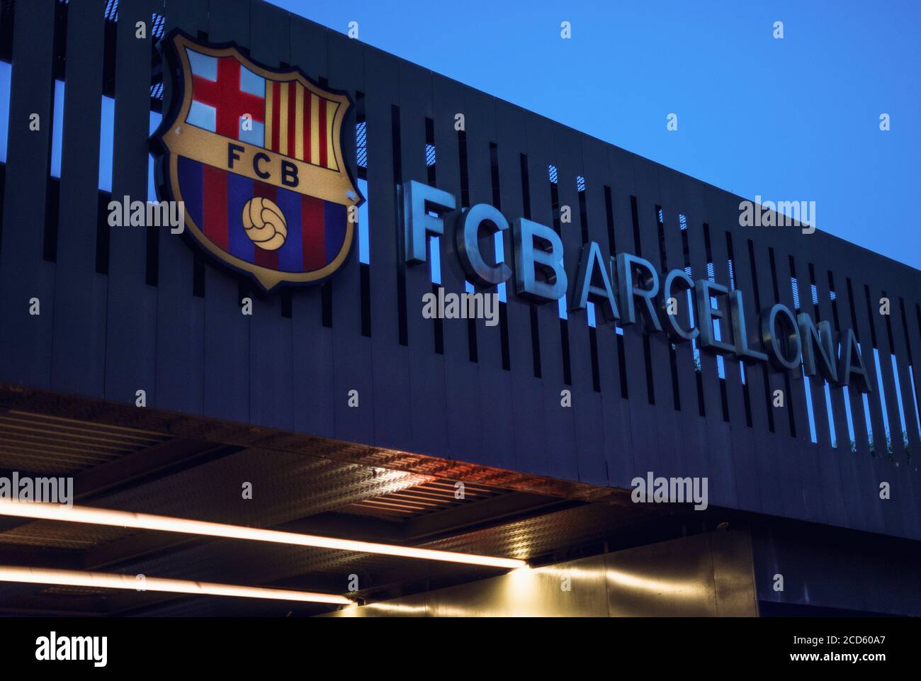 Barcelona, Spain. 26th Aug, 2020. View of the FC Barcelona logo at the Camp Nou stadium after the six-time world footballer Messi announced that he wanted to leave the club. 'Together with the best player in history, we want to rebuild the team for the future,' said sports director Planes. Credit: Matthias Oesterle/dpa/Alamy Live News Stock Photo