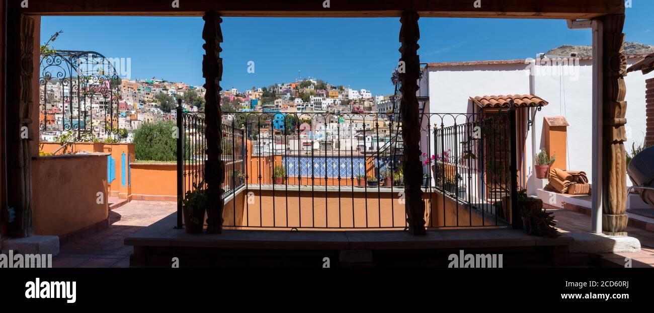 View from rooftop veranda, Guanajuato City, Mexico Stock Photo