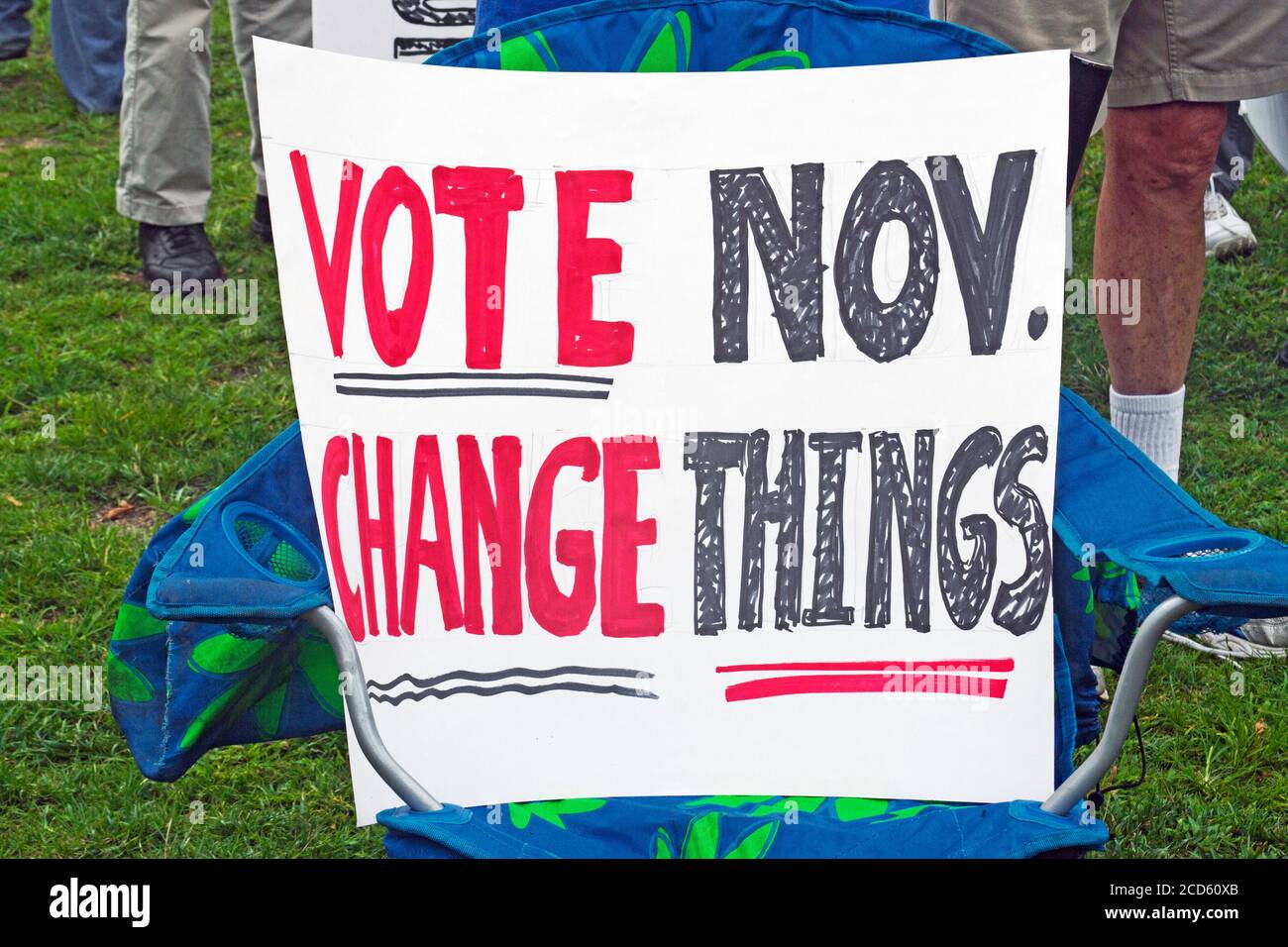 Political sign at a Moral Monday rally saying 'Vote November, Change Things.' Stock Photo