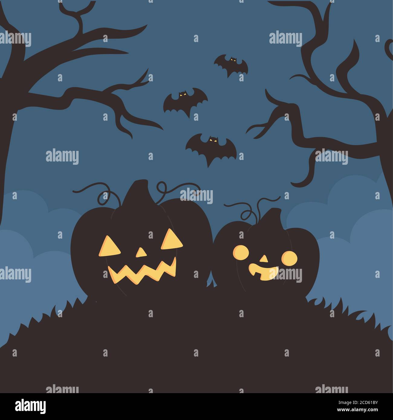happy halloween, pumpkins flying bats tree night trick or treat party ...