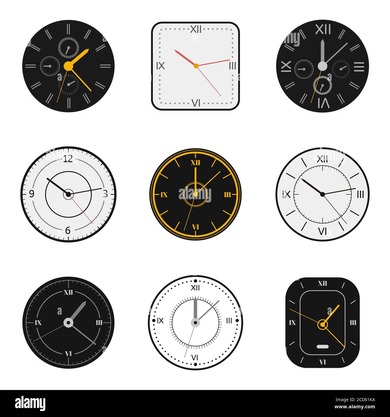 Modern watch face. Clock round scale faces, modern 12 hours round clock, time measurement watch vector illustration symbols set Stock Vector