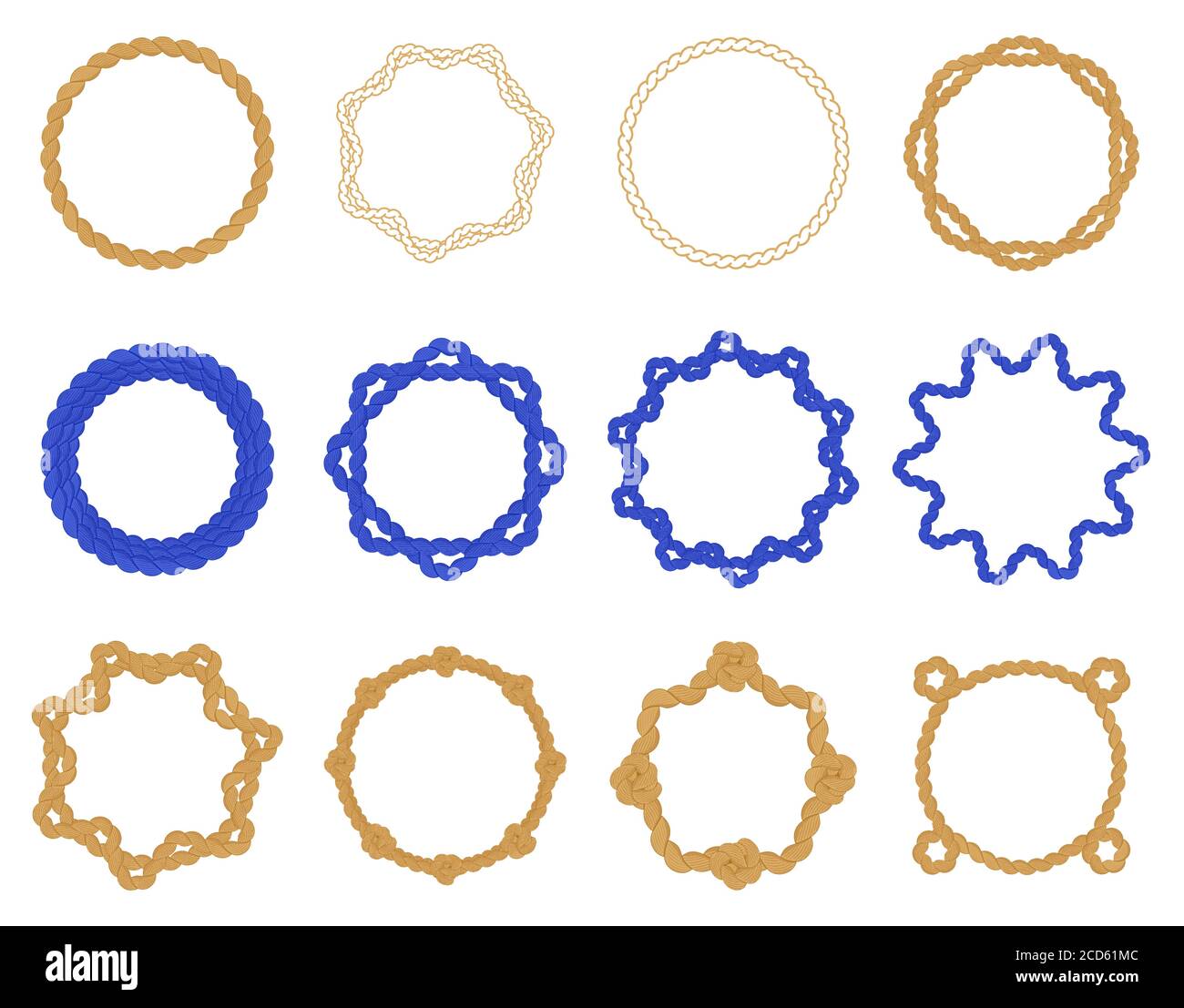 Round sea knot frame. Circle rope decorative frames, marine twisted knot borders, vintage nautical frame circle vector illustration icons set Stock Vector