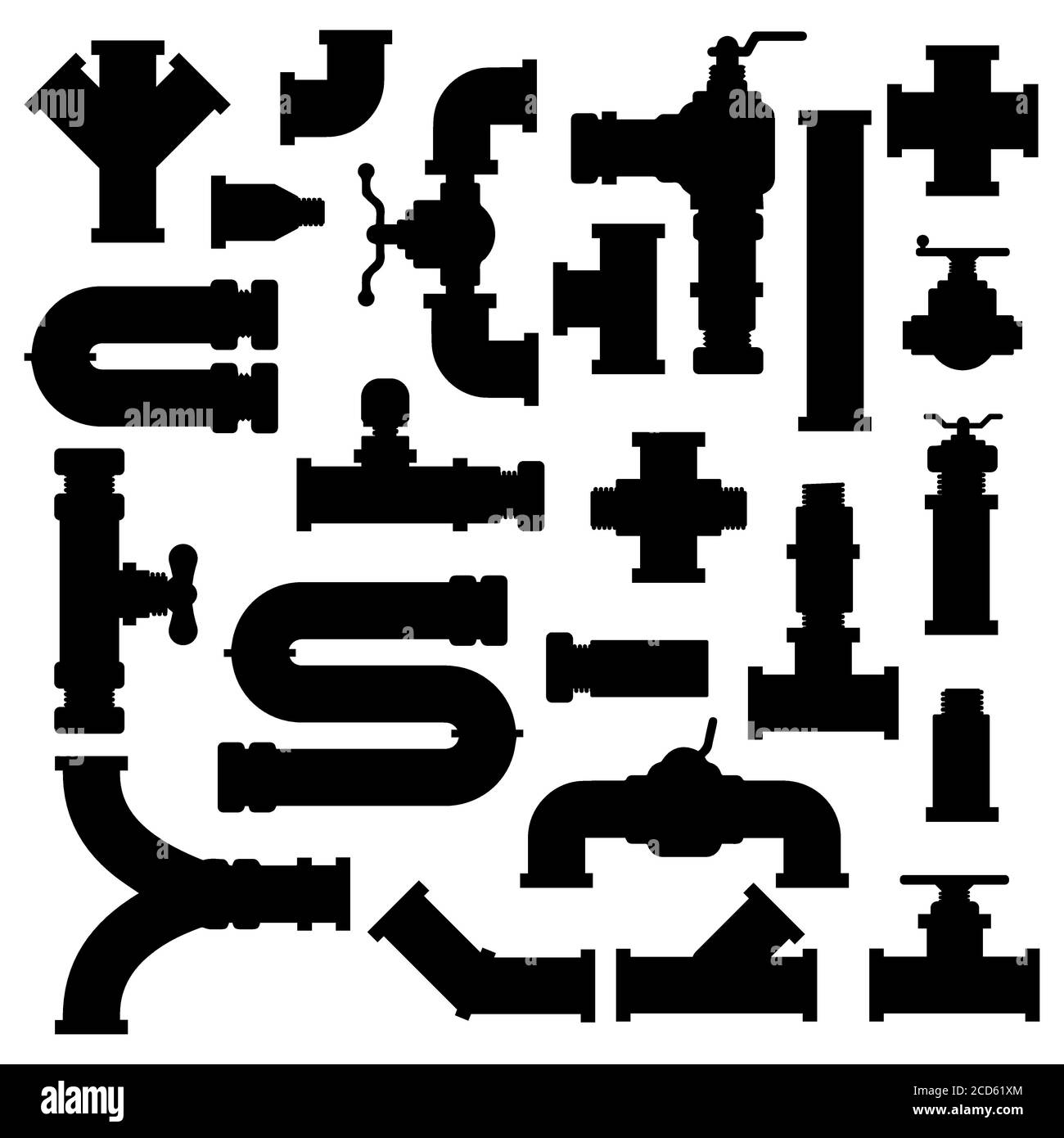 Ware pipe silhouette. Water tube pipes system, industry pipeline fittings, filters and pipe connectors silhouettes vector illustration icons set Stock Vector