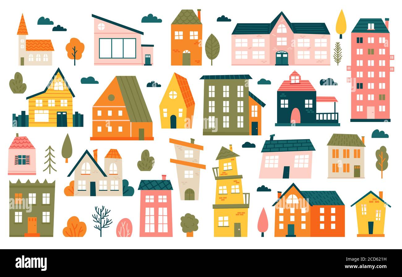 Cute tiny houses. Cartoon small town houses, minimalism city buildings,  minimal suburban residential house vector illustration icons set Stock  Vector Image & Art - Alamy