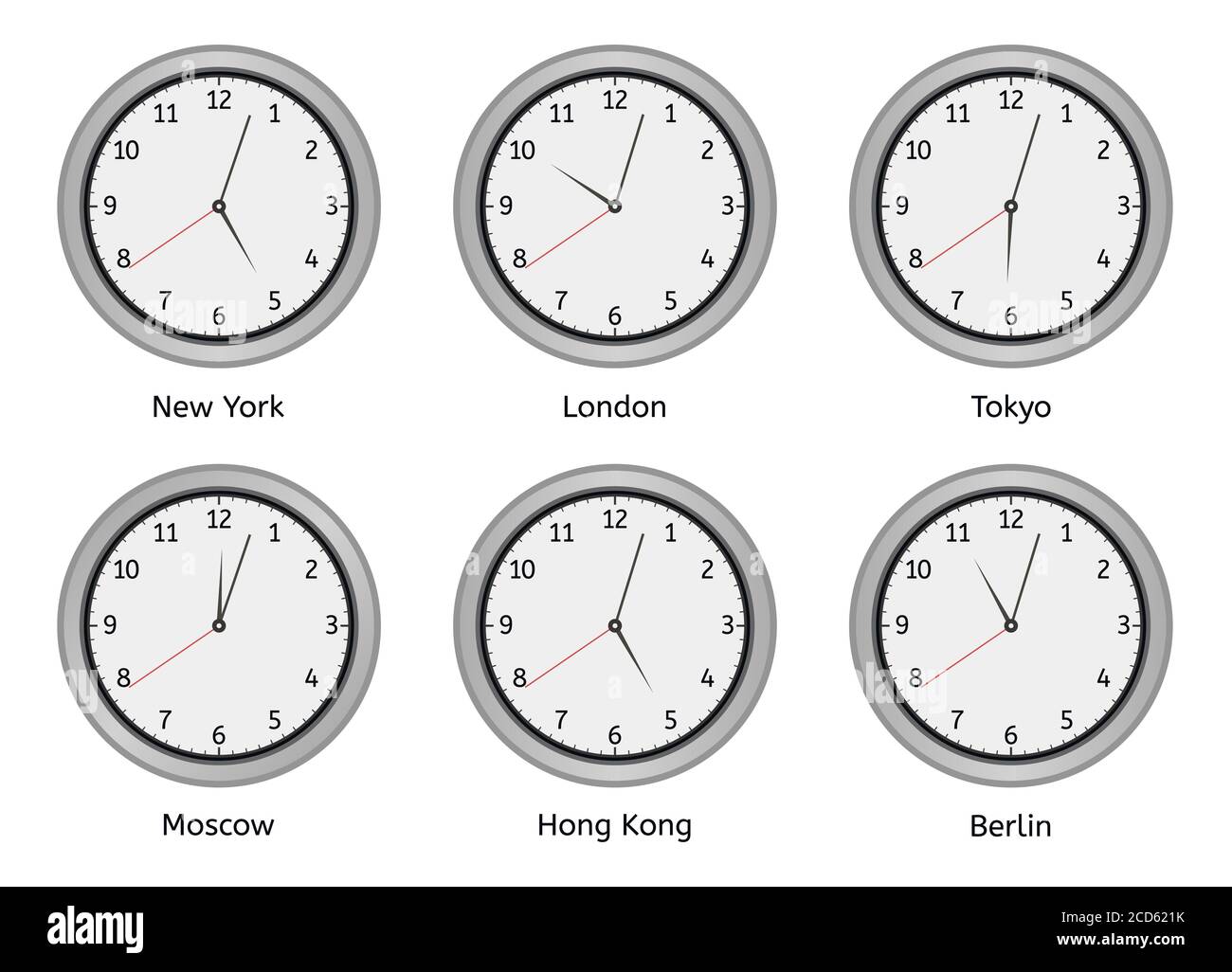 Time zone clocks. Modern wall round clock face, time zones day and