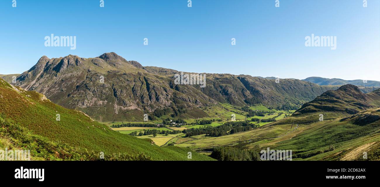 Panoramic view of Great Langdale and the Langdale Pikes from the flanks of Pike O'Blisco Stock Photo