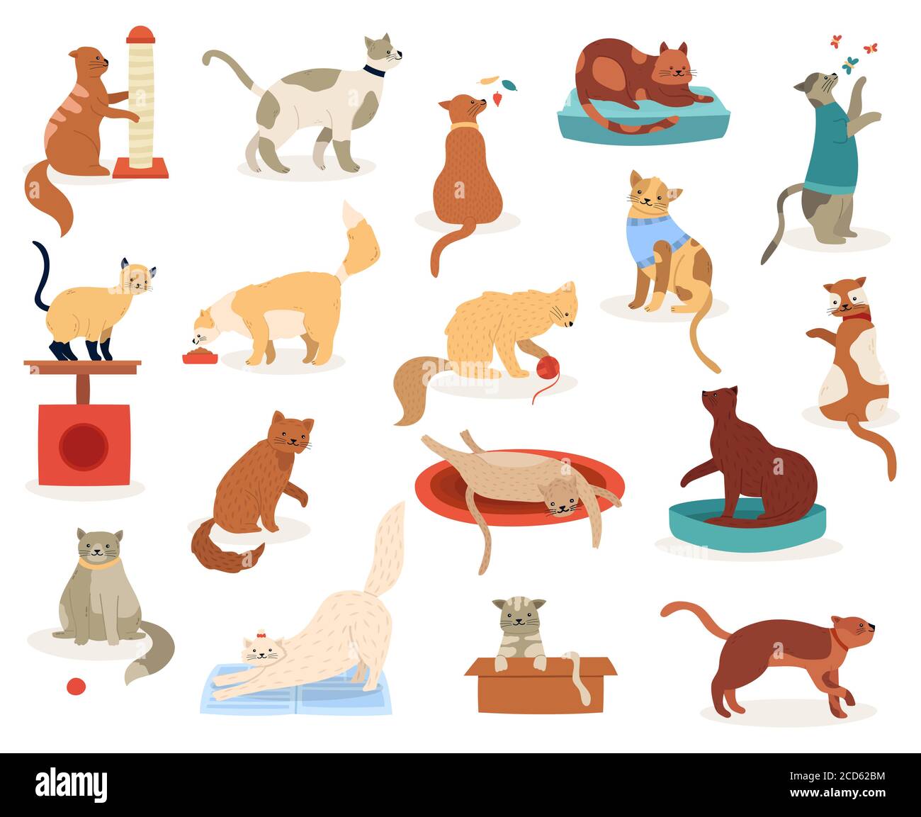 Cartoon cats. Cute kitten characters, funny fluffy playful cats, pedigree breeds pets, adorable kitty pets vector illustration icons set Stock Vector