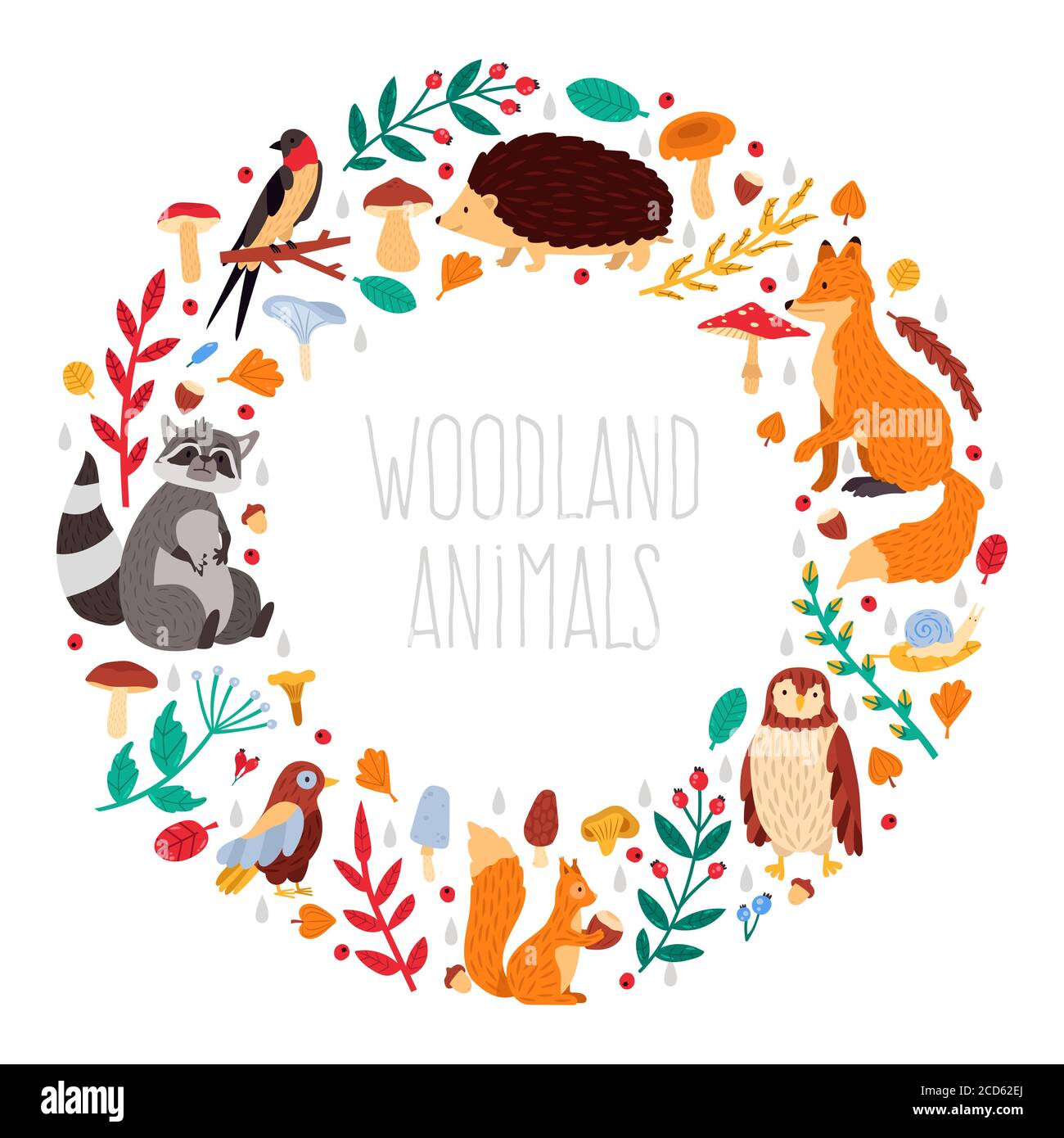 Autumn animals wreath. Cute cartoon autumn animals, leaves and mushrooms,  woodland birds and animals wreath vector illustration icons set Stock  Vector Image & Art - Alamy