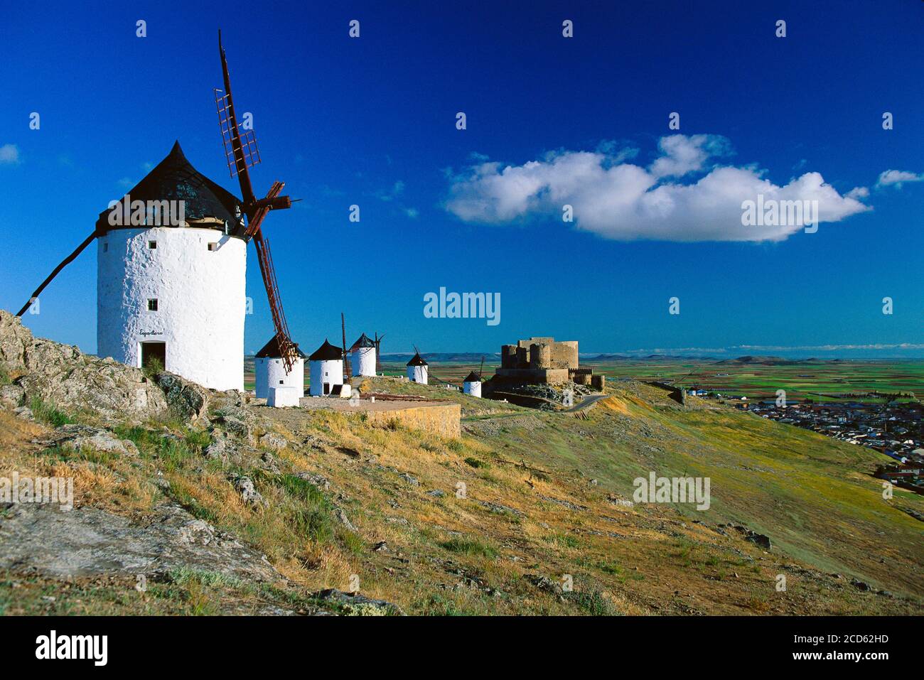 Old historic windmills on hill, Consuegra, Castilla La Mancha, Spain Stock Photo