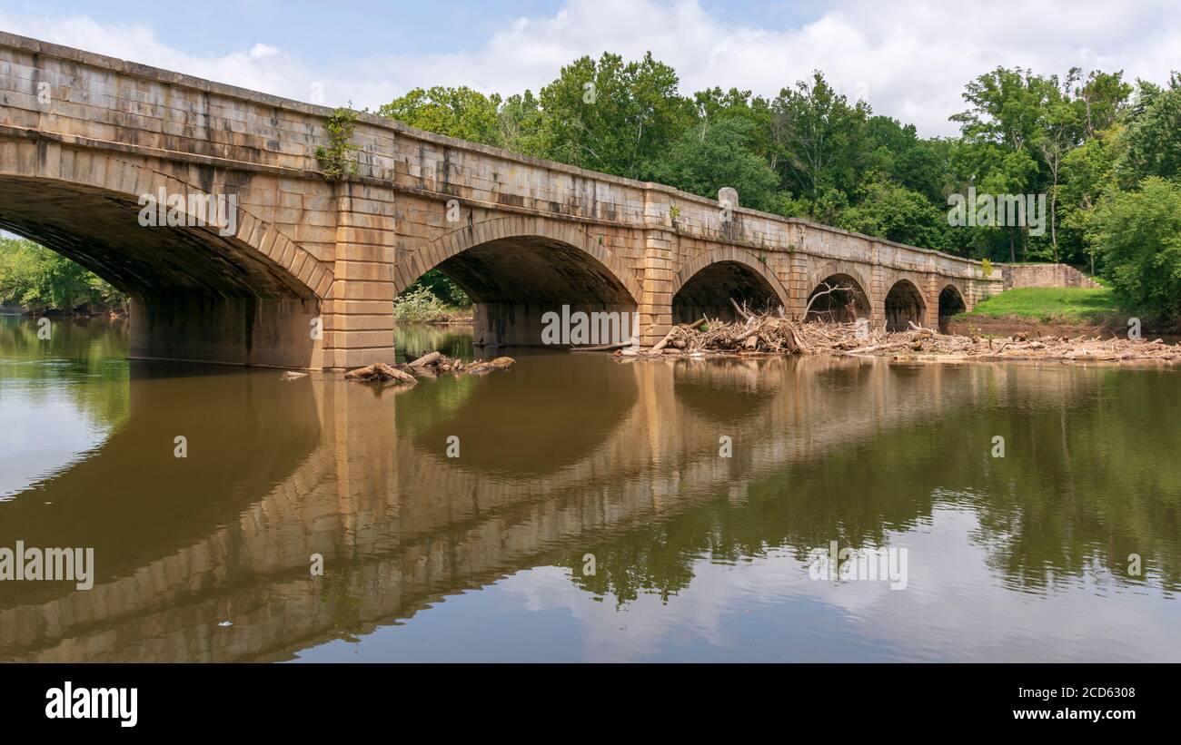 The Monocacy Aqueduct is the largest aqueduct on the Chesapeake and Ohio Canal, crossing the Monocacy River just before it empties into the Potomac. Stock Photo