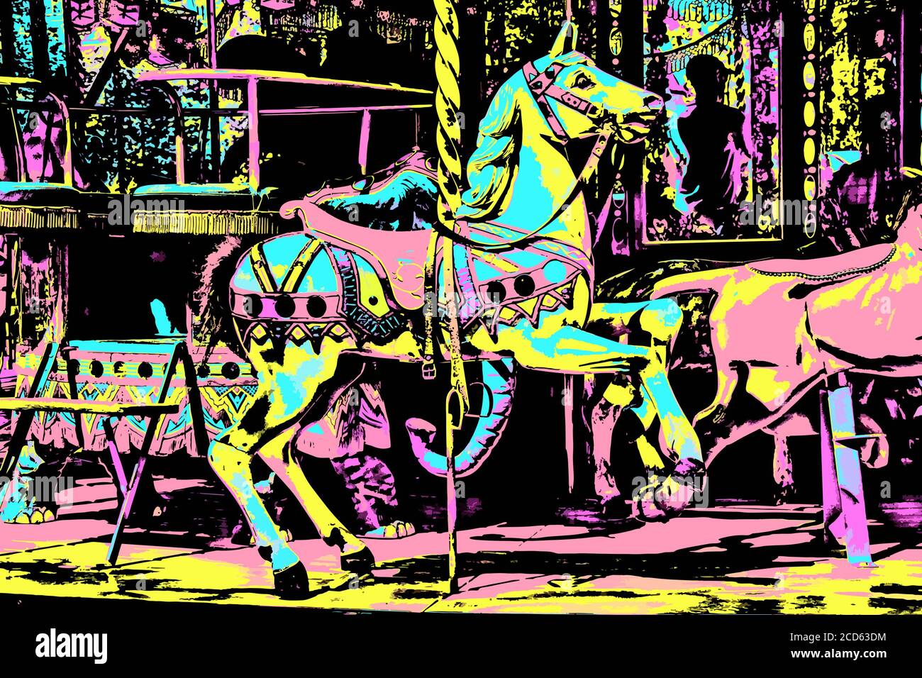 Colorful carousel with ornate horse in an amusement park at Annecy. A lovely and historic city near the French Alps. Blacklight Poster filter. Stock Photo
