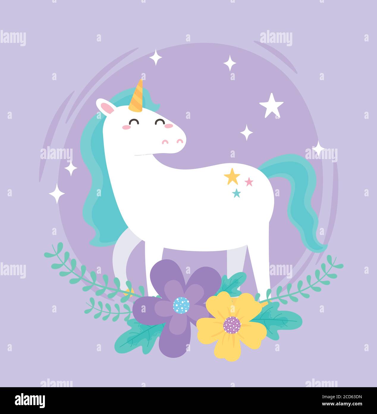 cute magical unicorn flowers star fantasy animal cartoon vector ...