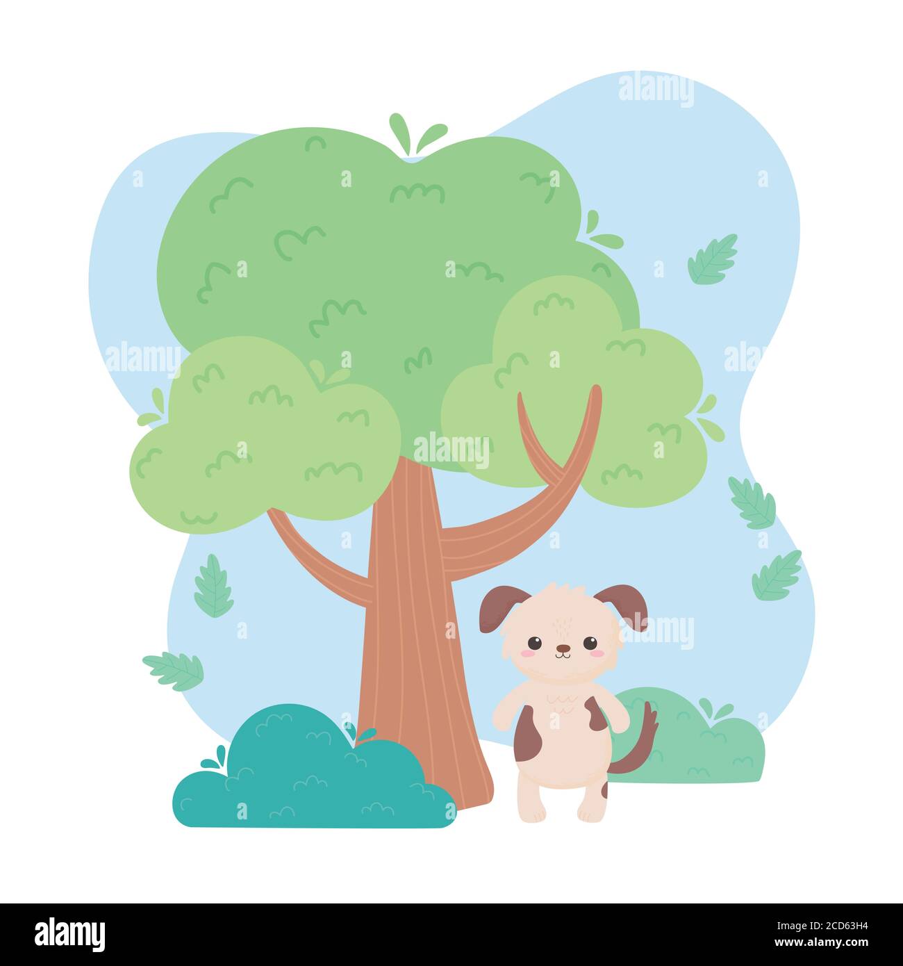 cute dog tree grass cartoon animals in a natural landscape vector ...