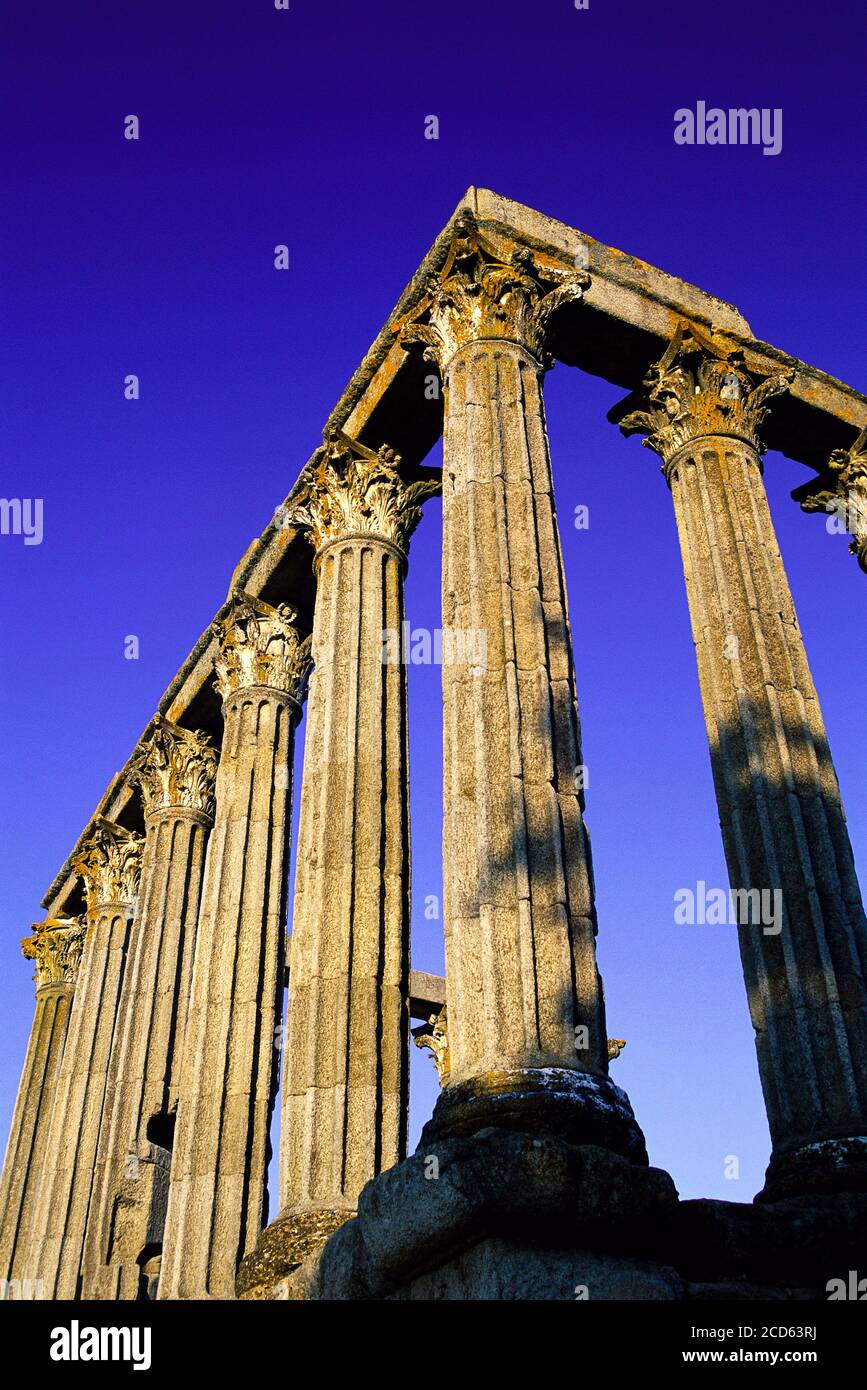 Corinthian columns of Roman Temple of Evora, Evora District, Portugal Stock Photo