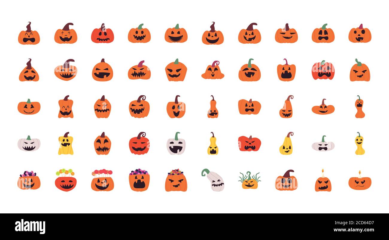 pumpkins cartoons free form style 50 icon set design, Halloween and holiday theme Vector illustration Stock Vector