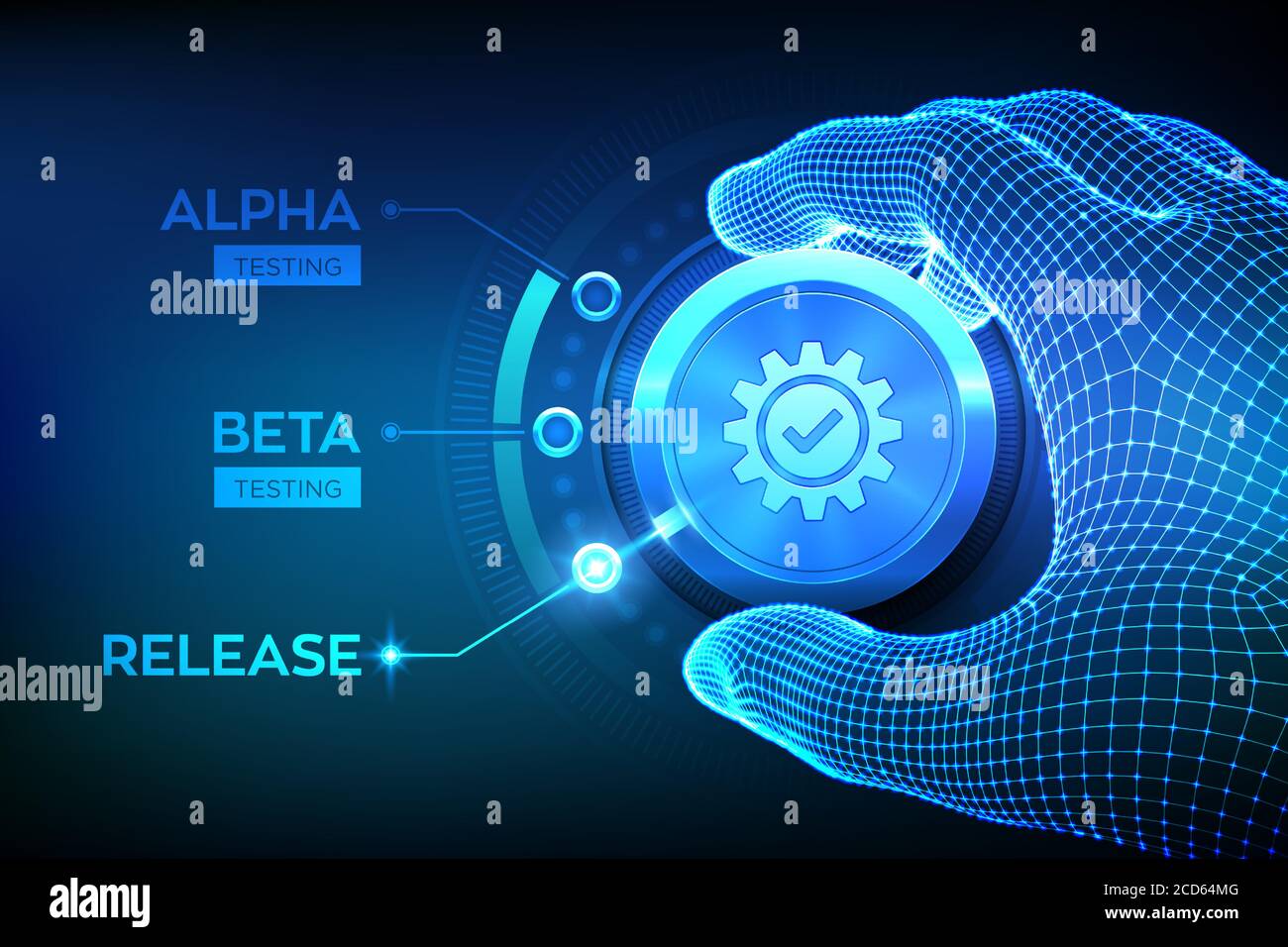 Software testing engineering concept. Alpha Beta Release testing. Wireframe hand turning a test