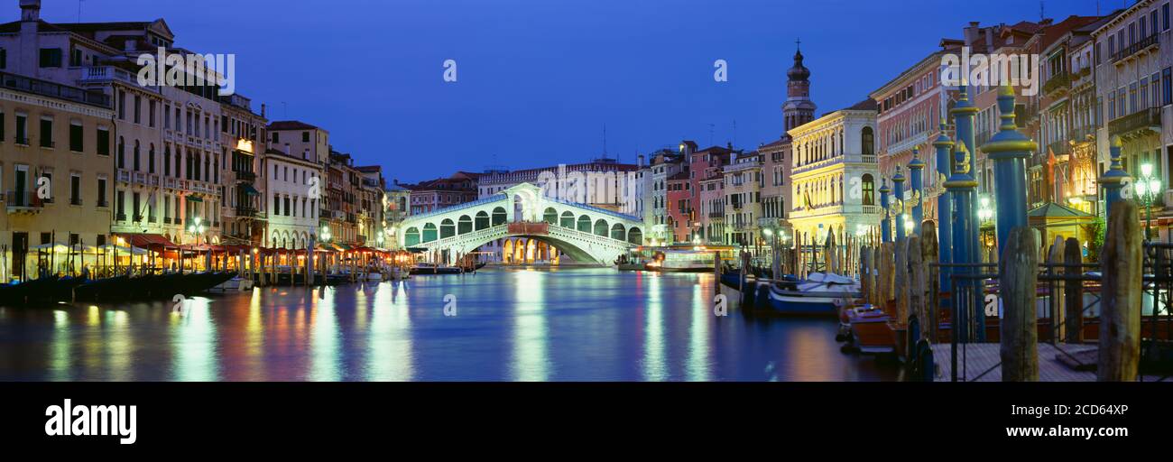 Rialto Bridge and Grand Canal at night, Venice, Italy Stock Photo