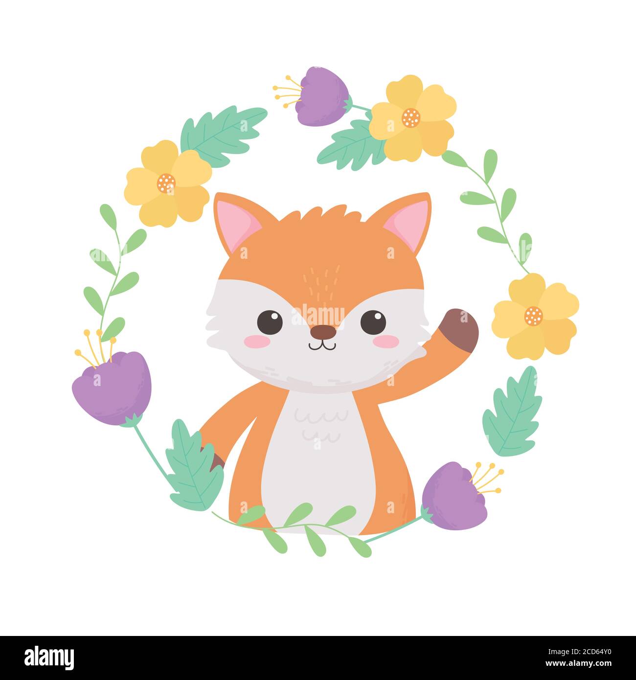 little fox wreath flowers leaves cartoon animal vector illustration ...