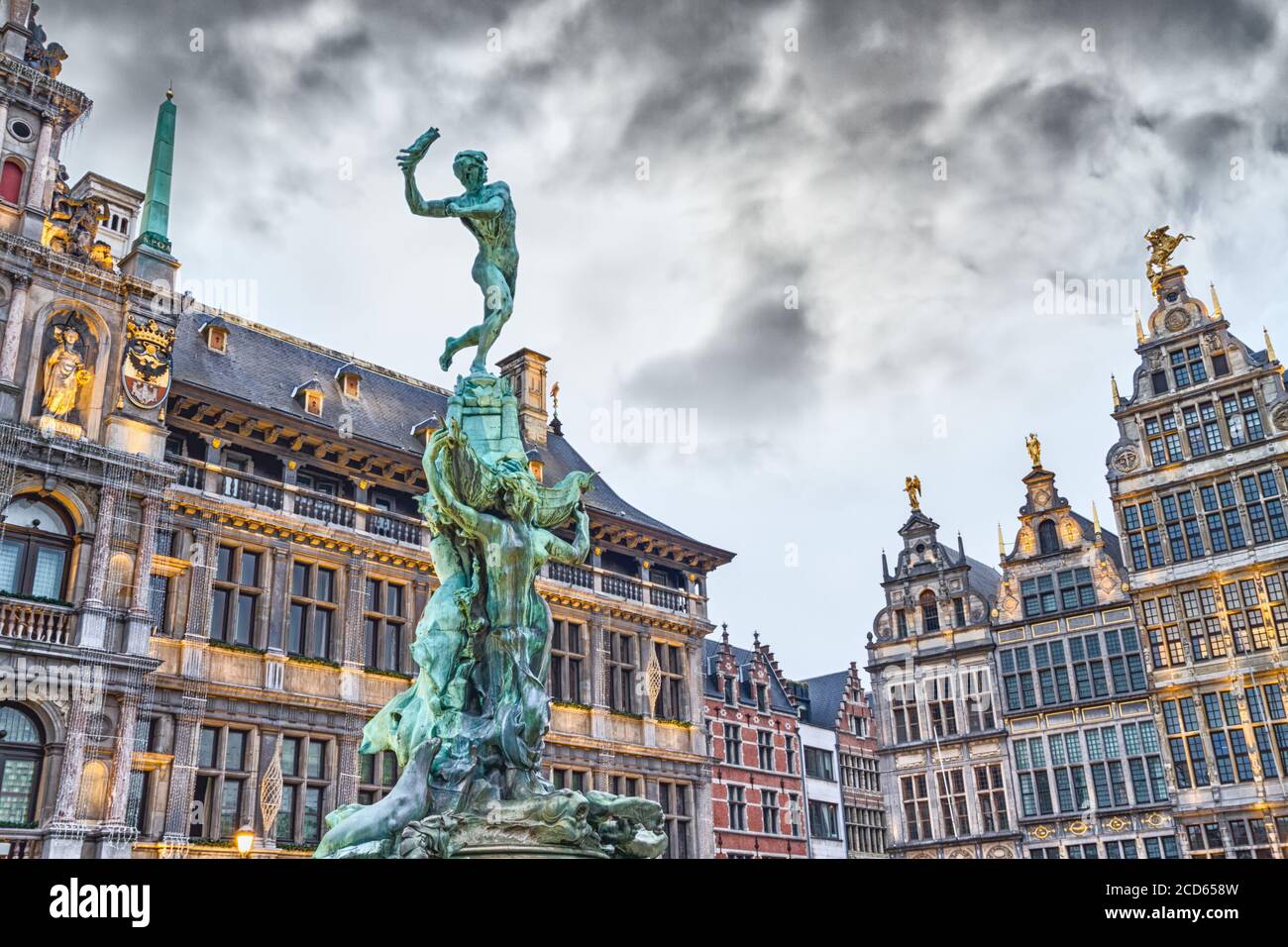 Cityscape - view of the Brabo fountain and the Stadhuis (building City Hall) at the Grote Markt (Main Square) of Antwerp, in Belgium Stock Photo