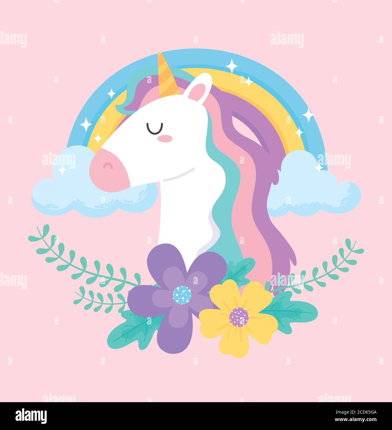 cute magical unicorn rainbow flowers clouds dream animal cartoon vector ...