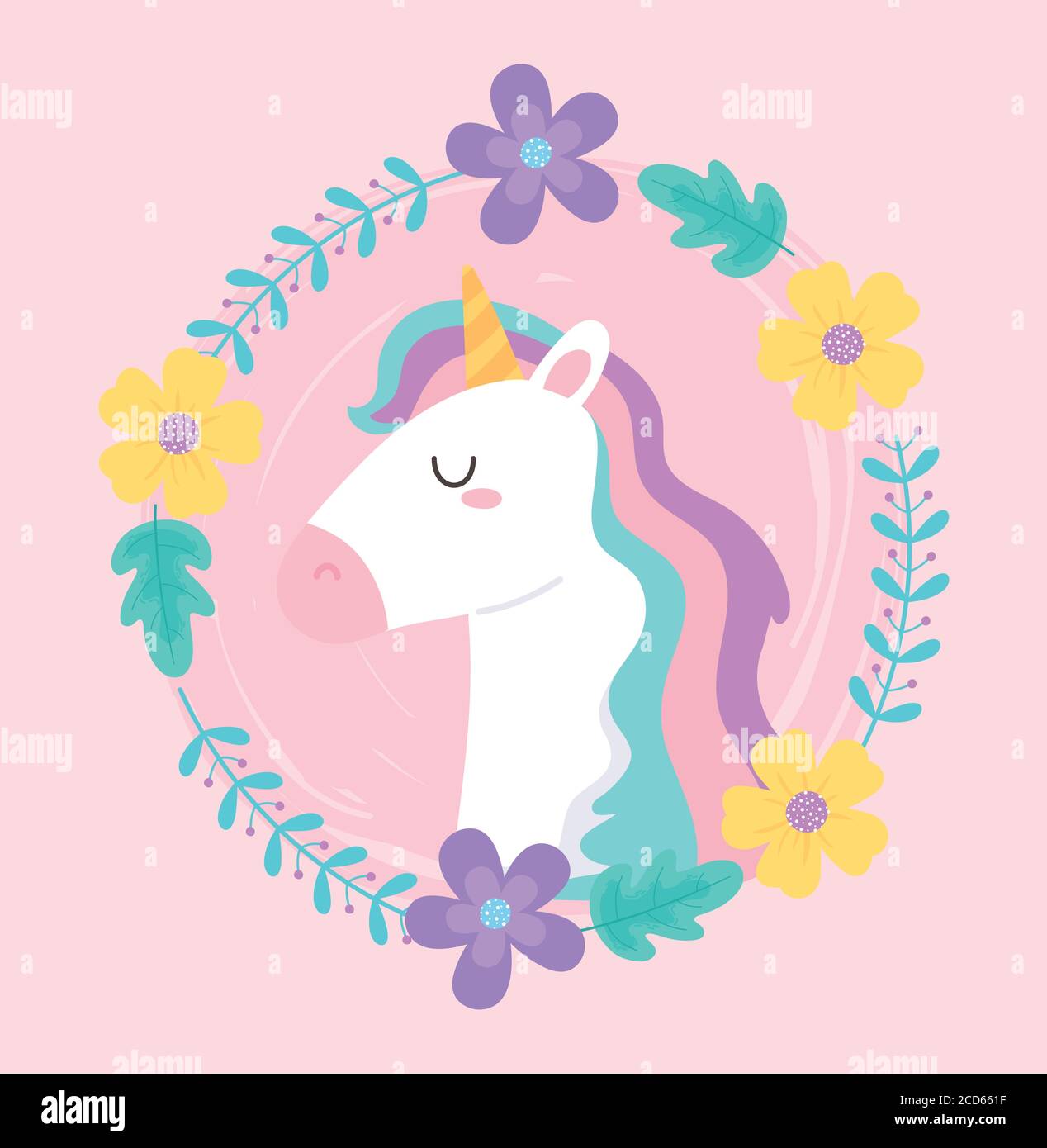 cute magical unicorn wreath of flowers floral decoration animal cartoon ...