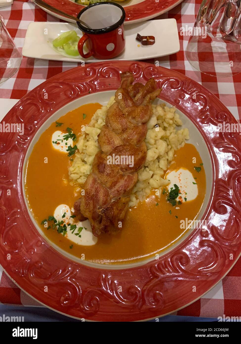 Traditional Hungarian dish stripes of loin of pork with bacon and