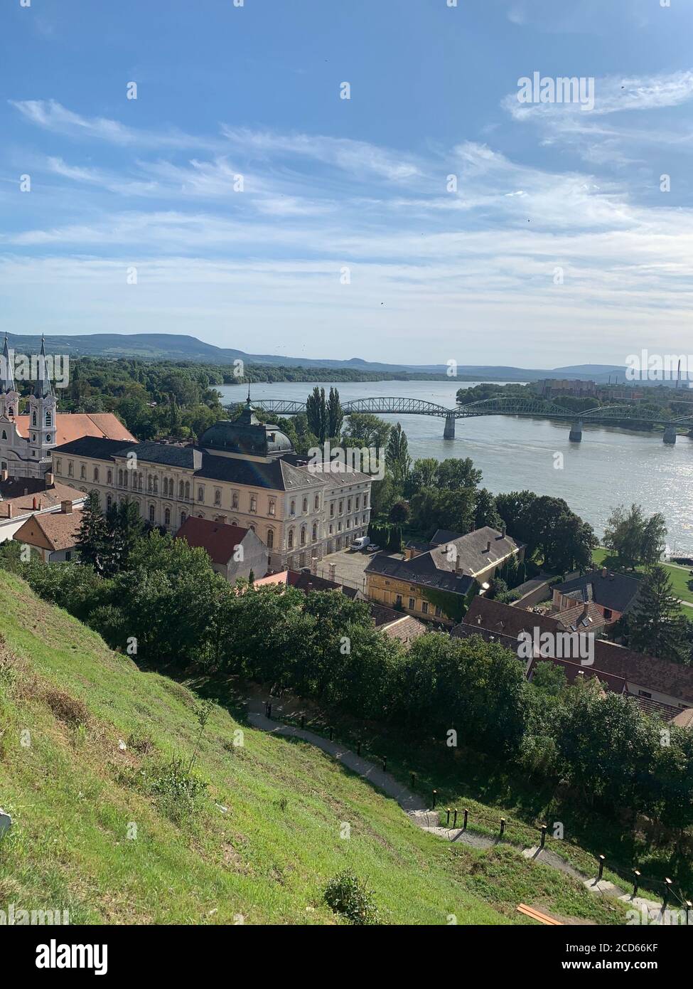 Maria Valeria bridge over Danube river and Esztergom city skyline. Esztergom, Hungary. Stock Photo