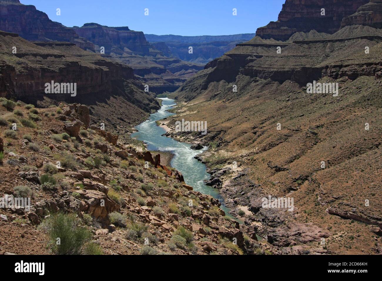 View of Colorado River and Granite Narrows in Grand Canyon National Park, Arizona from backcountry hiking trail. Stock Photo