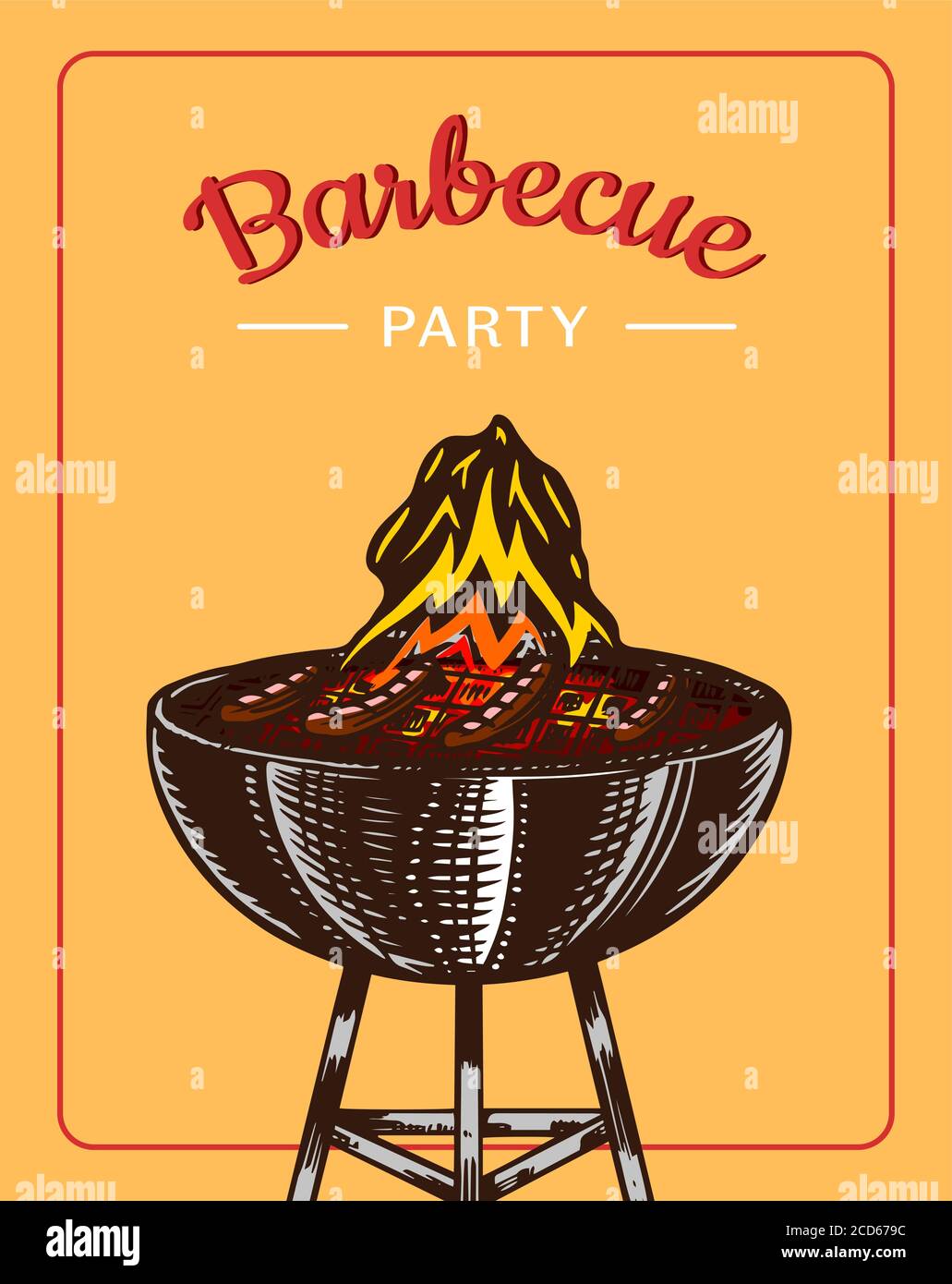 https://c8.alamy.com/comp/2CD679C/barbecue-grill-elements-set-isolated-on-yellow-background-bbq-party-poster-summer-time-charcoal-kettle-with-sauce-kitchen-equipment-for-menu-2CD679C.jpg