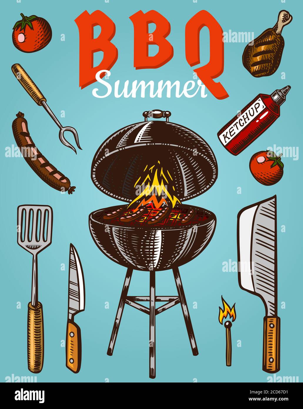 Barbecue grill elements set isolated on blue background. BBQ party poster.  Summer time. Charcoal kettle with sauce. Kitchen equipment for menu Stock  Vector Image & Art - Alamy