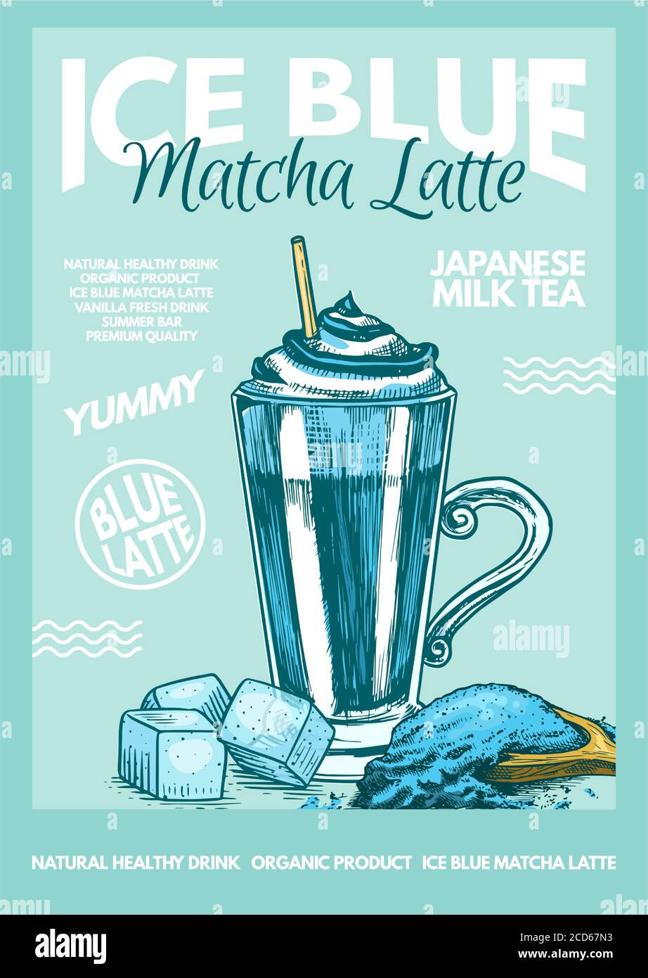 Blue Tea Poster Matcha blue tea poster. Healthy milk latte with ice and powder ...