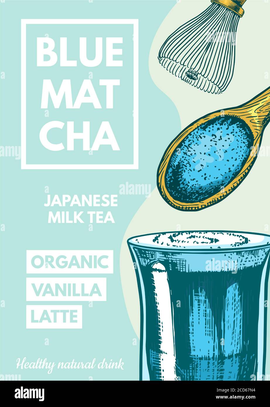 Blue Tea Poster Matcha blue tea poster. Healthy milk latte. Japanese ceremony banner ...