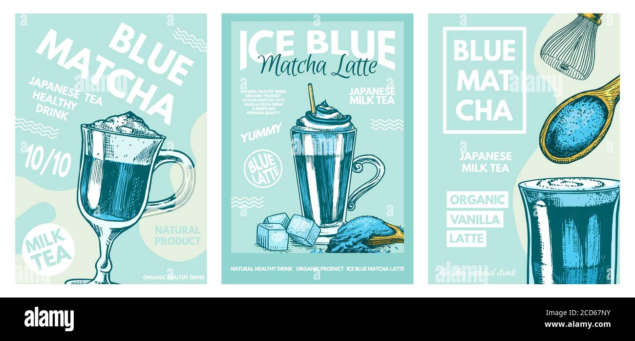 Blue Tea Poster Matcha blue tea poster. Healthy milk latte. Japanese ceremony banner ...