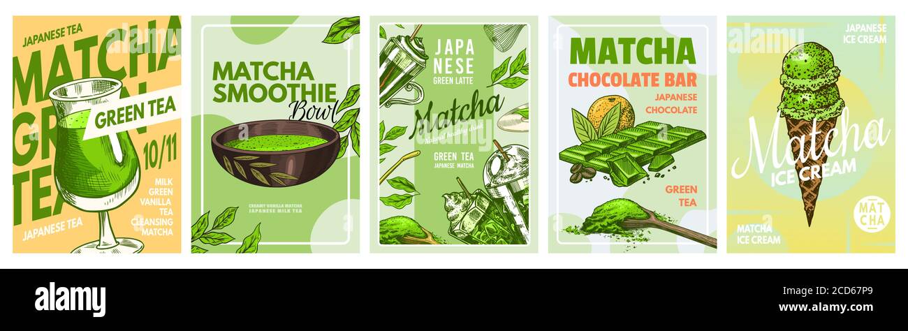 Matcha green tea poster. Healthy milk latte, Smoothie Bowl, Ice Cream and  Chocolate bar. Japanese ceremony banner. Engraved hand drawn Vintage sketch  Stock Vector Image & Art - Alamy