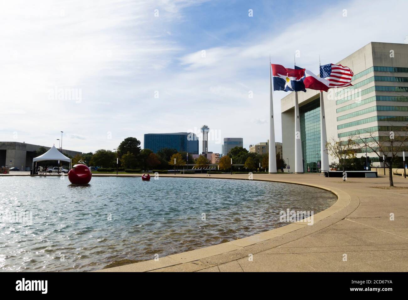 Pond and Flags on Akard Plaza of Dallas Stock Photo