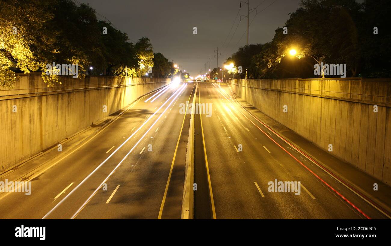 A long exposure picture on Beverly Drive overlooking the northbound lanes of the Dallas North