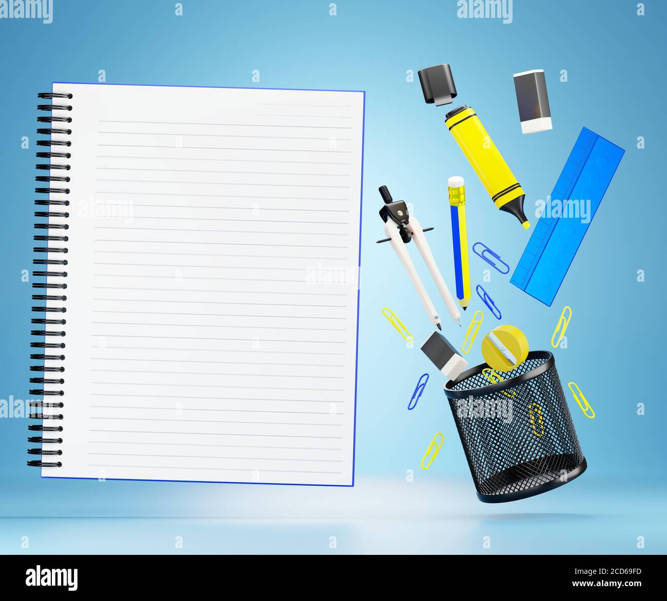 The stationary or office equipment and blank notebook floating on a blue background. Closeup and copy space for text. 3D illustration render. Concept Stock Photo