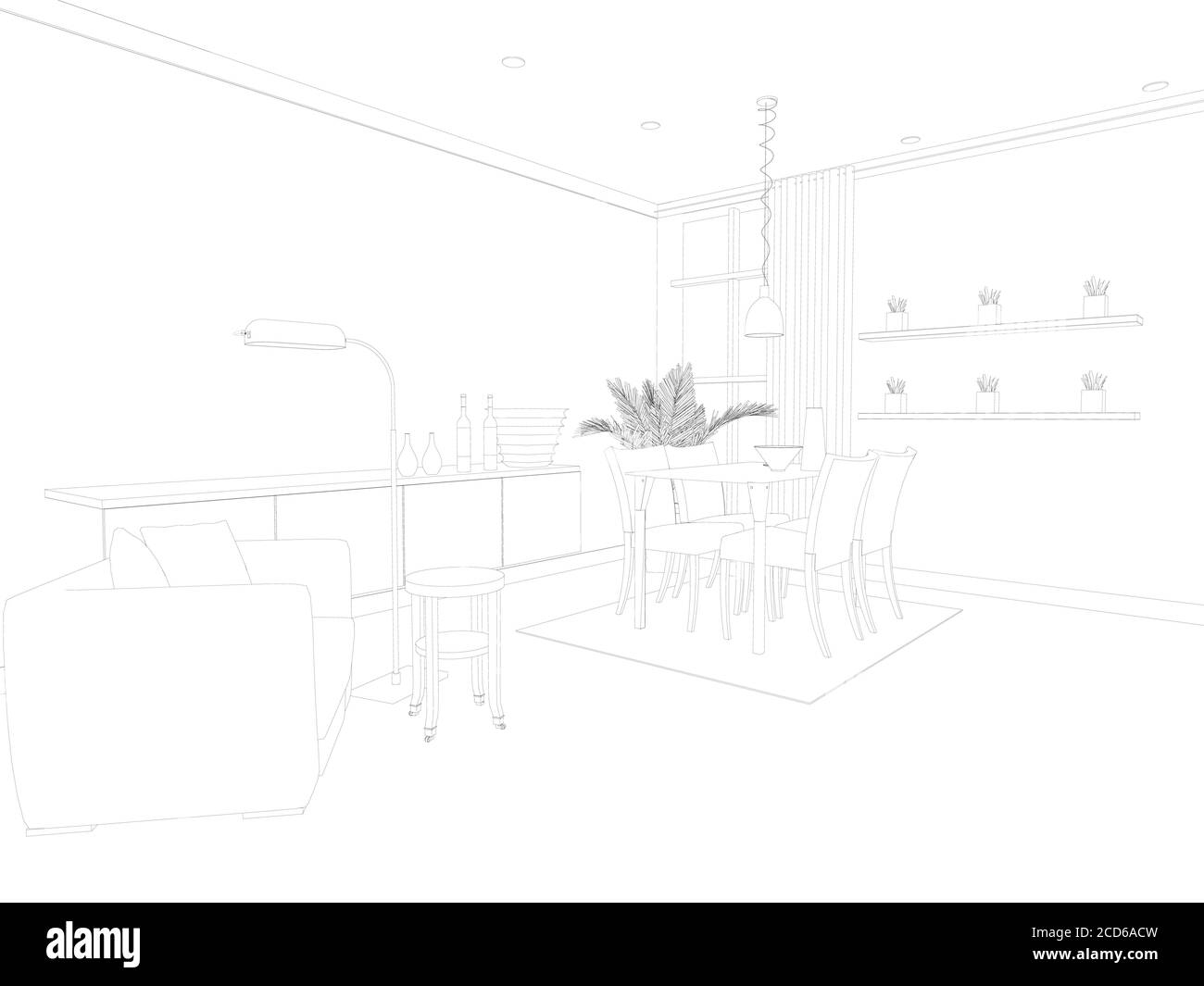 sketch, interior, indoors, inside, scheme, plan, project, drawing, drawing  room, living room, room, domestic, residential, apartment, 3d rendering, 3d  illustration, architecture, furniture, home, hous Stock Illustration