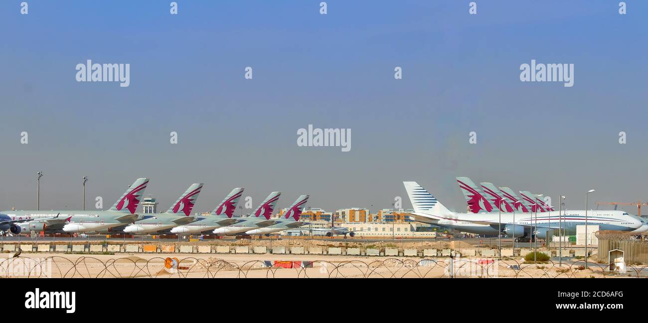 Qatar Airways is one of the leading airlines in the world with flying over 180 destinations all over the world. Stock Photo
