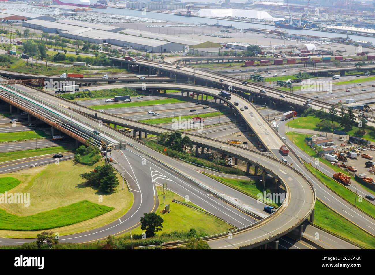 Aerial view of empty highway interchange with disappearing traffic on a bridge and streets roads and lanes crossroads cars Newark NJ USA Stock Photo