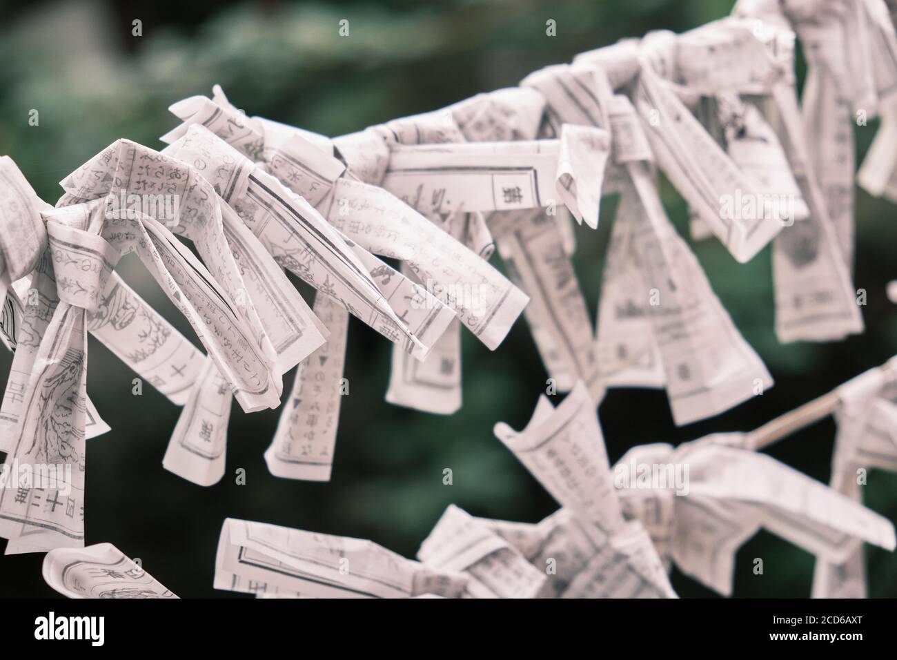 Omikuji fortune paper slips at a temple in Japan. Stock Photo
