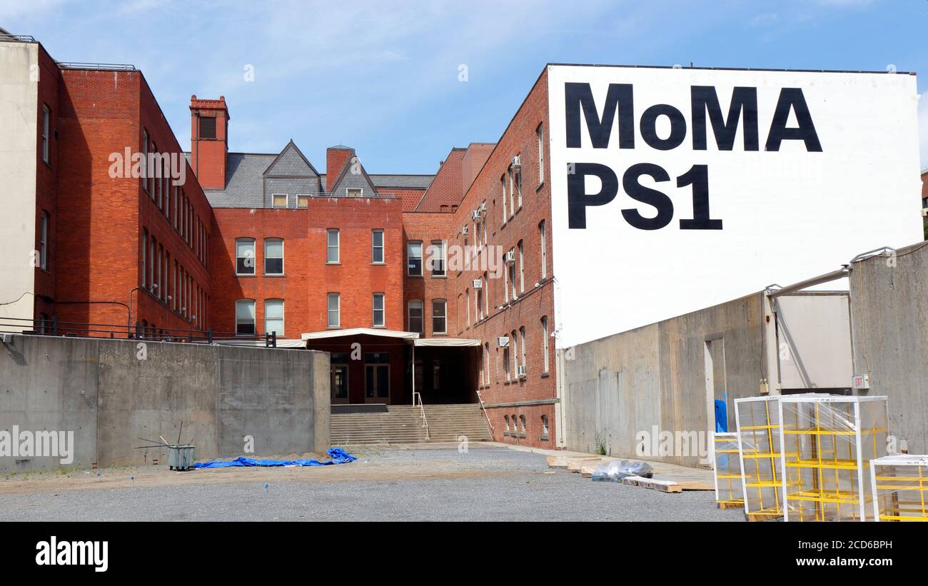 MoMA PS1, 22-25 Jackson Ave, Queens, NY. exterior of a contemporary art museum housed in a historic old school building in Hunters Point. Stock Photo