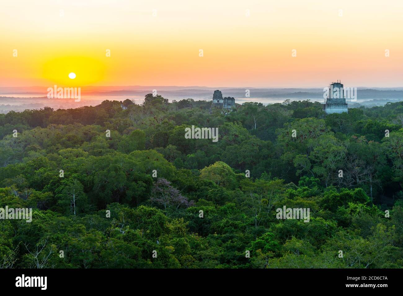 Sunrise in the Peten rainforest with Maya temple pyramids, Tikal, Guatemala. Stock Photo